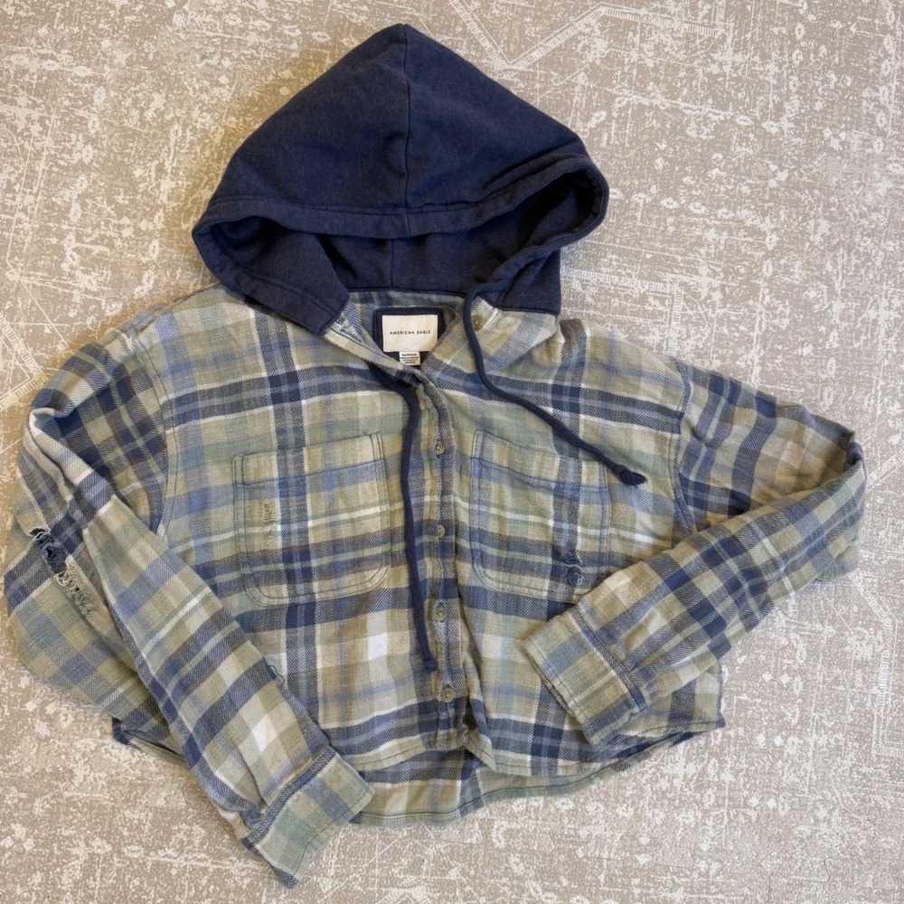 American Eagle Cropped Plaid Flannel Shirt Hoodie Blue Green Women's XS‎